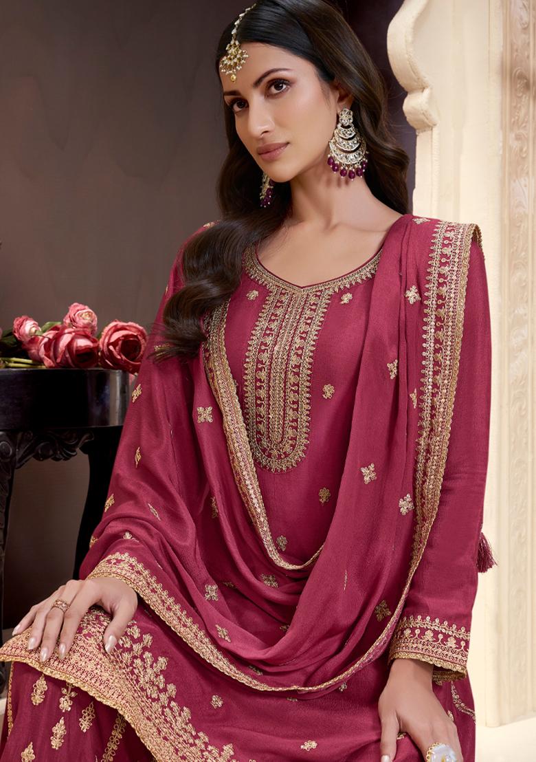 Rani Pink Embroidered Chinon Palazzo Set