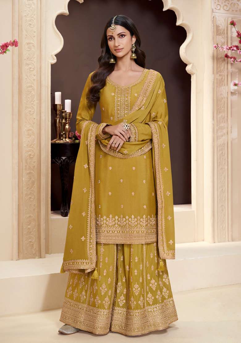 Yellow Embroidered Chinon Palazzo Set With Dupatta - Indya