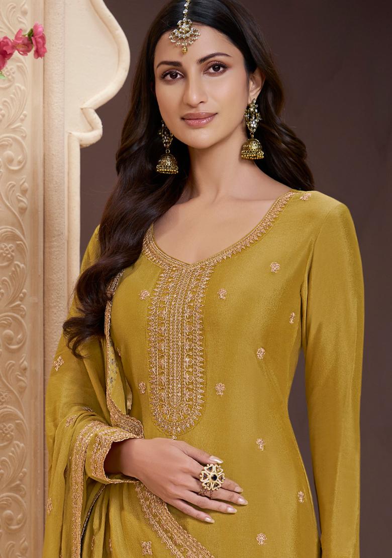 Yellow Embroidered Chinon Palazzo Set