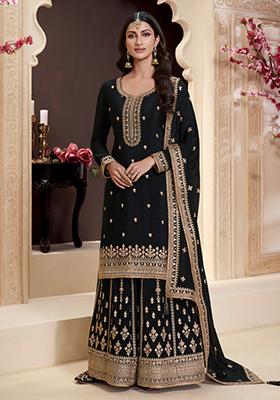 Black Embroidered Chinon Palazzo Set With Dupatta