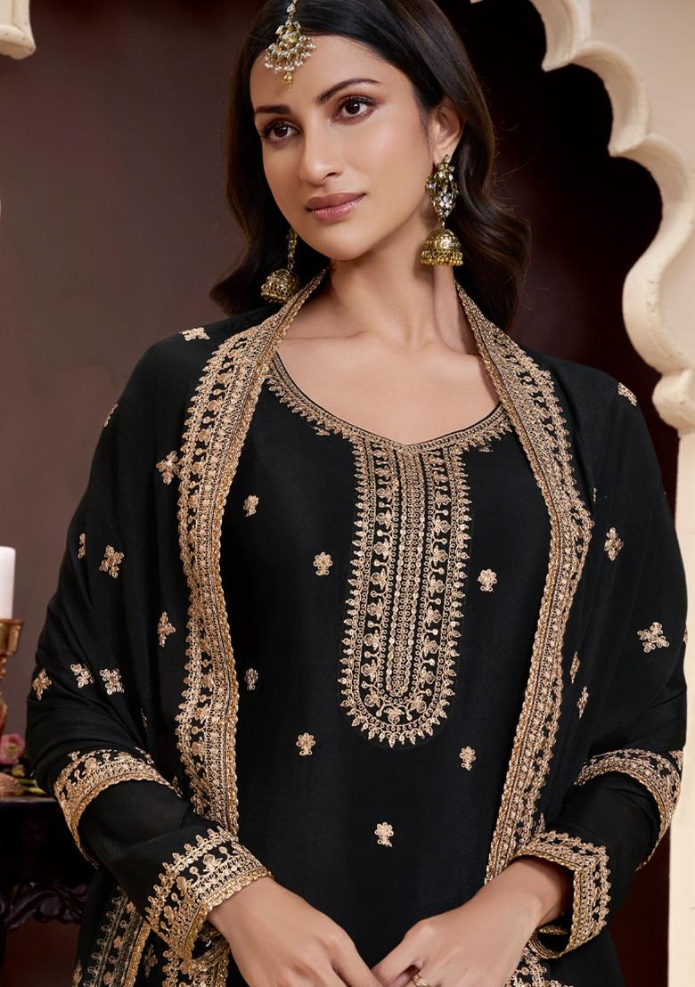 Black Embroidered Chinon Palazzo Set