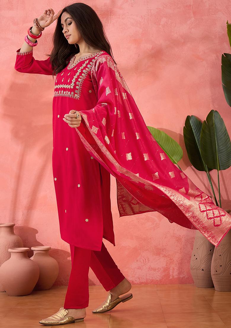 Fuchsia Pink Embroidered Silk Salwar Kameez