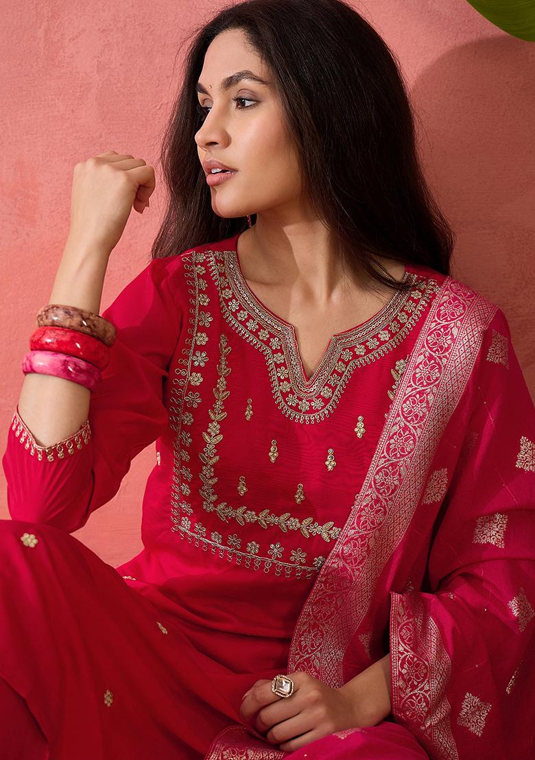 Fuchsia Pink Embroidered Silk Salwar Kameez