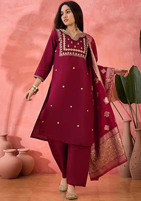 Maroon Embroidered Silk Salwar Kameez