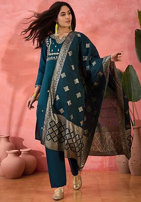 Teal Blue Embroidered Silk Salwar Kameez