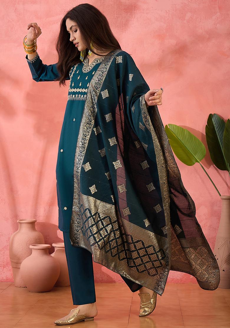 Teal Blue Embroidered Silk Salwar Kameez