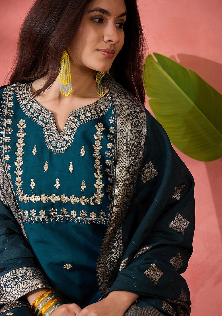 Teal Blue Embroidered Silk Salwar Kameez