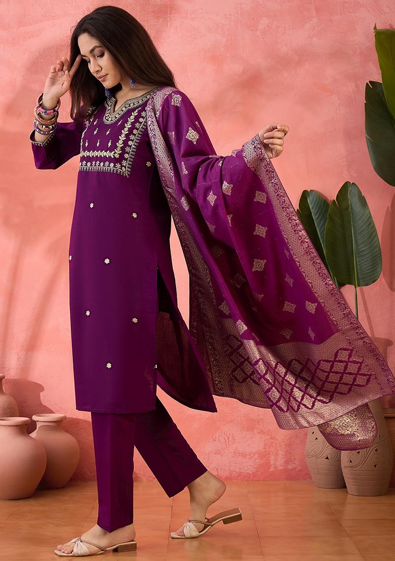 Wine Embroidered Silk Salwar Kameez
