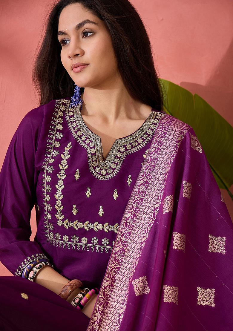 Wine Embroidered Silk Salwar Kameez