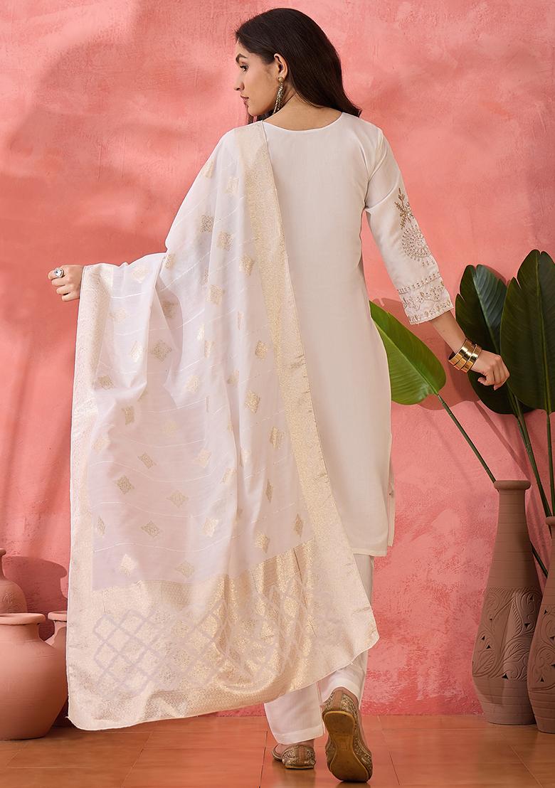 Off White Embroidered Silk Salwar Kameez