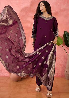 Purple Wine Embroidered Silk Salwar Kameez
