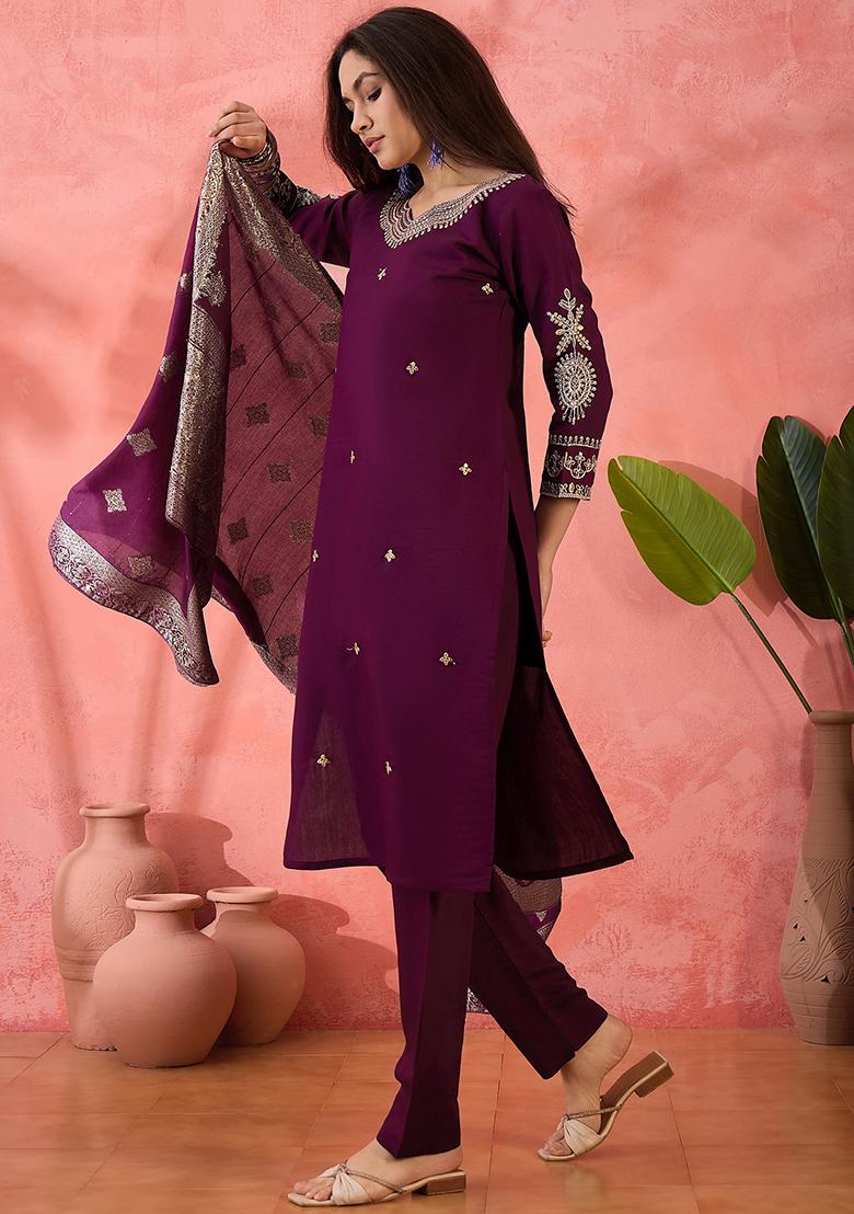 Purple Wine Embroidered Silk Salwar Kameez