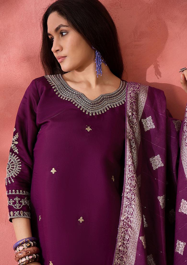 Purple Wine Embroidered Silk Salwar Kameez