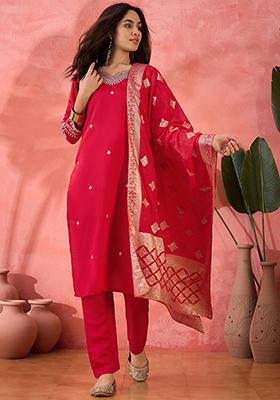 Red Embroidered Silk Salwar Kameez
