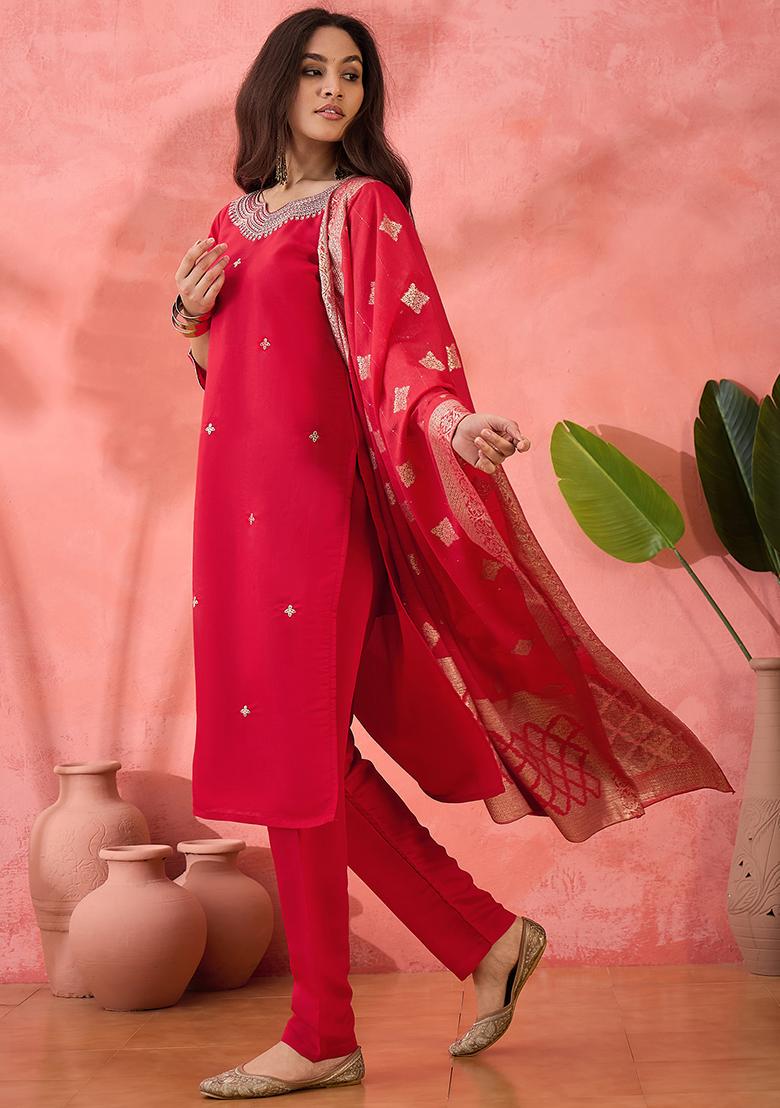 Red Embroidered Silk Salwar Kameez