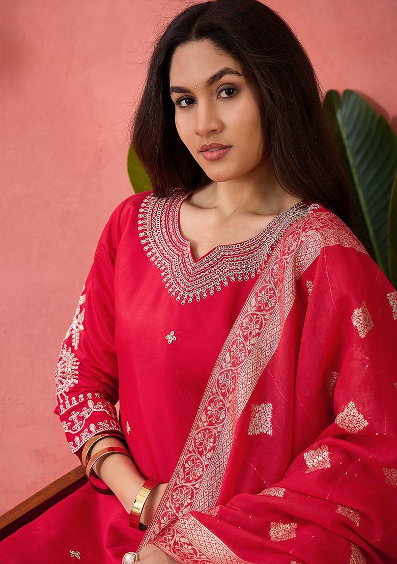 Red Embroidered Silk Salwar Kameez