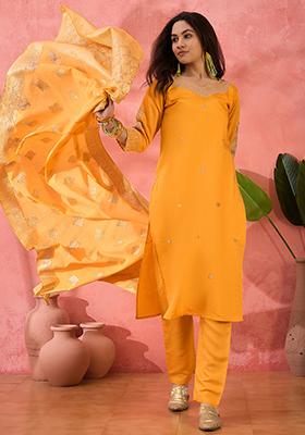 Mustard Yellow Embroidered Silk Salwar Kameez