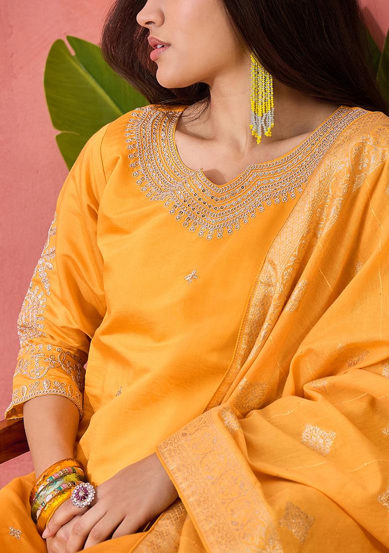 Mustard Yellow Embroidered Silk Salwar Kameez