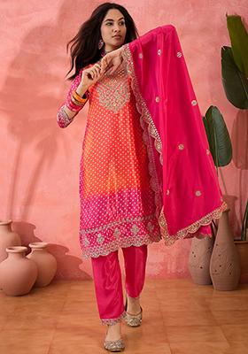 Orange Pink Embroidered Silk Salwar Kameez