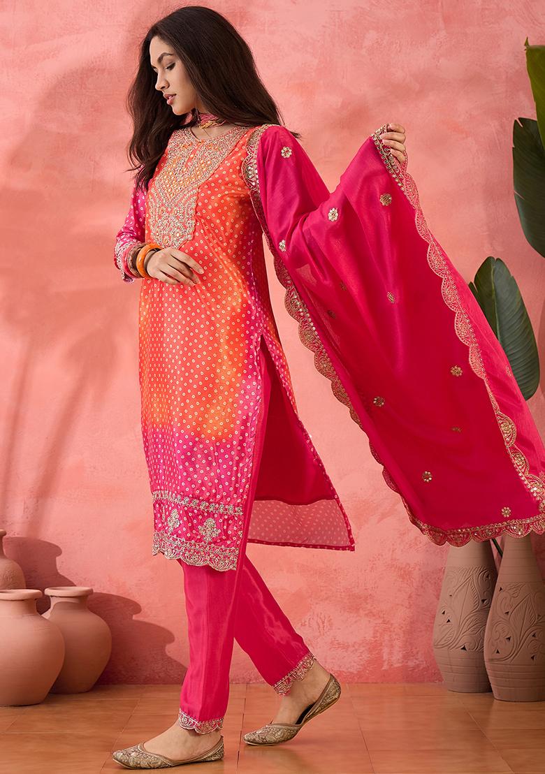 Orange Pink Embroidered Silk Salwar Kameez