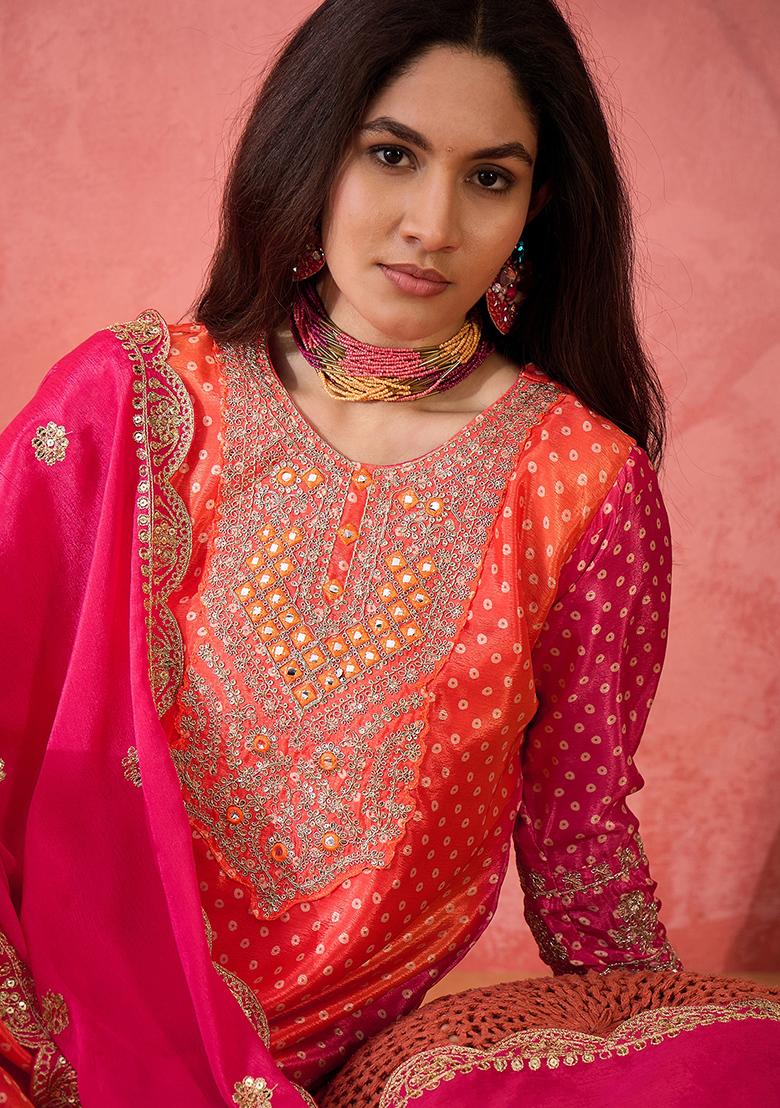 Orange Pink Embroidered Silk Salwar Kameez