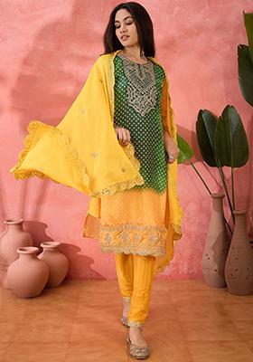 Green And Mustard Yellow Embroidered Silk Salwar Kameez