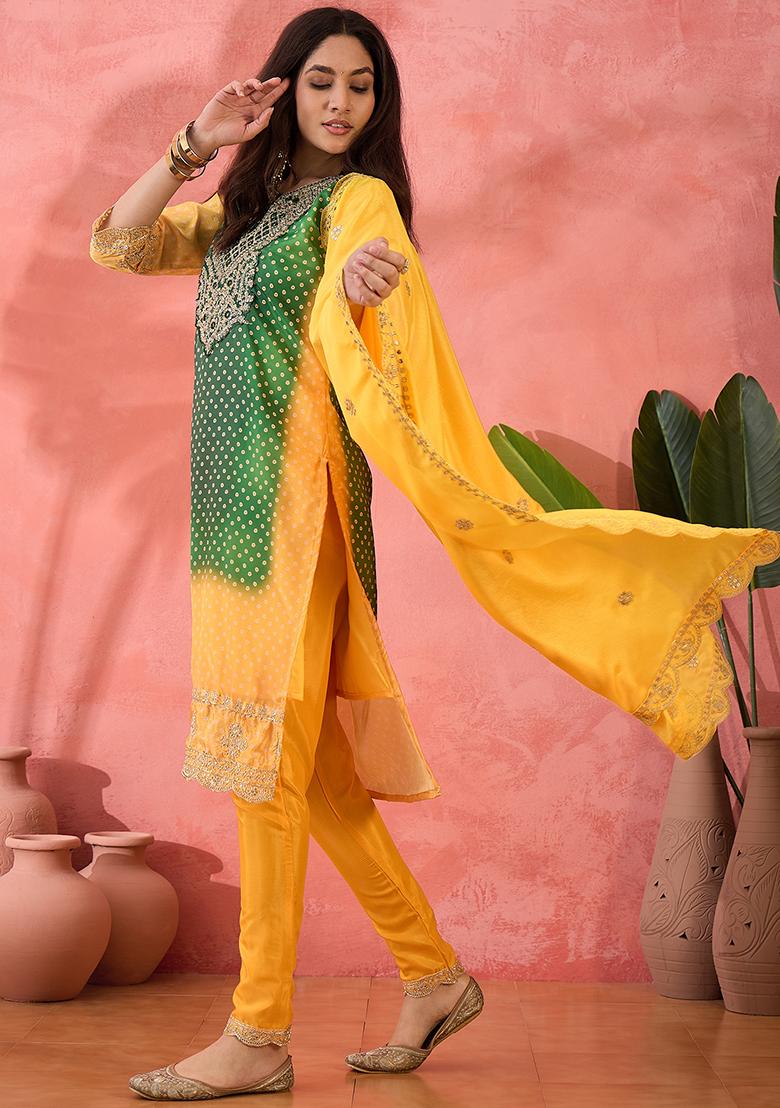 Green And Mustard Yellow Embroidered Silk Salwar Kameez