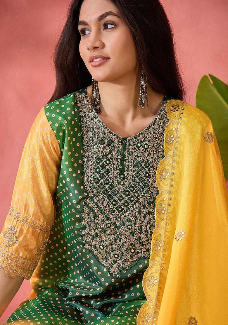 Green And Mustard Yellow Embroidered Silk Salwar Kameez