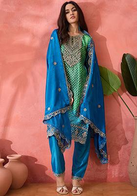Teal Green Embroidered Silk Salwar Kameez