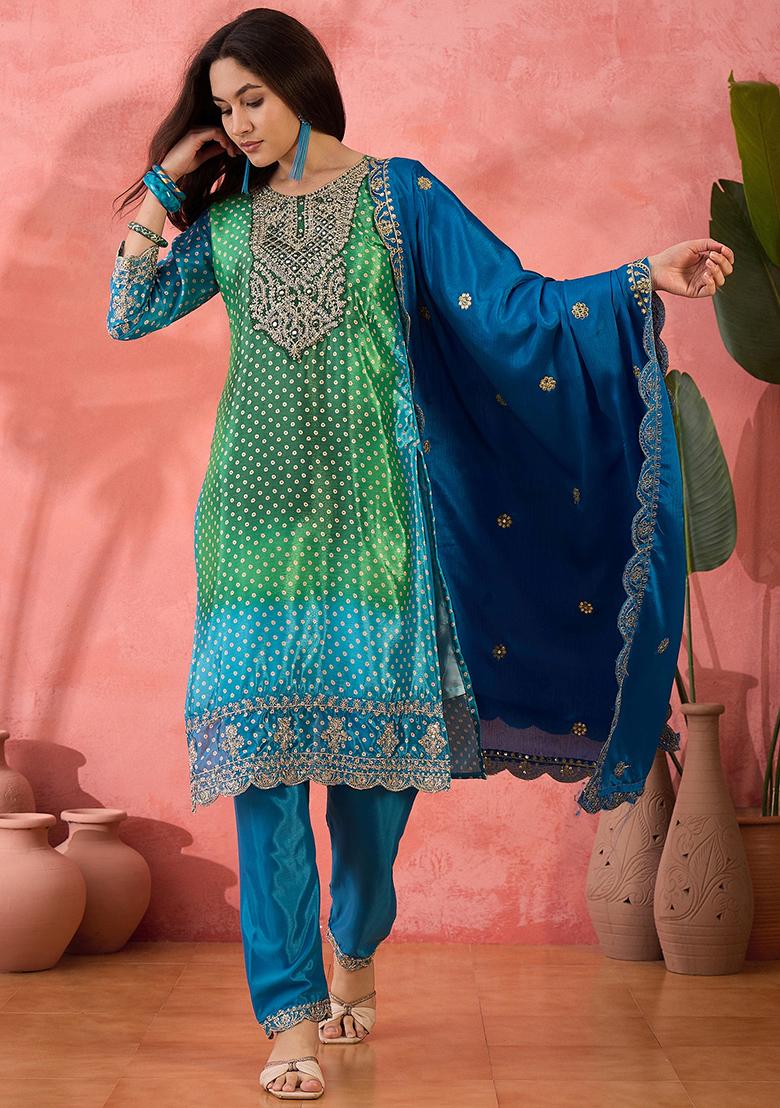 Teal Green Embroidered Silk Salwar Kameez