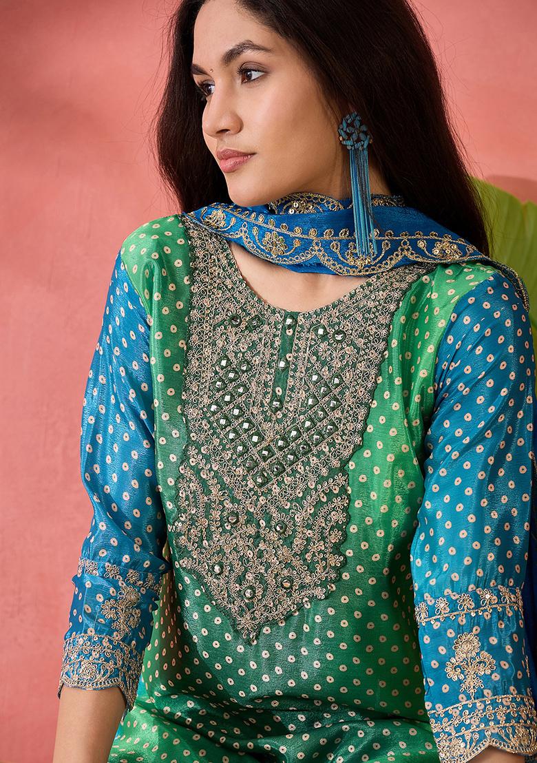 Teal Green Embroidered Silk Salwar Kameez