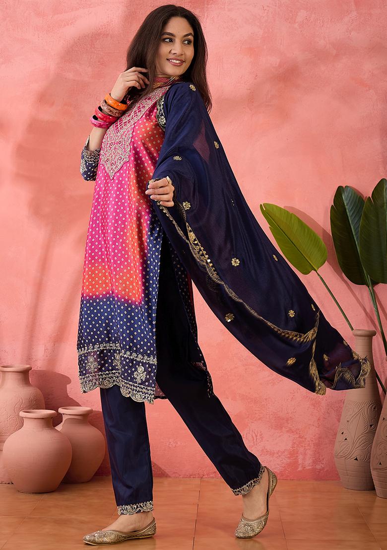 Pink And Navy Bue Embroidered Silk Salwar Kameez