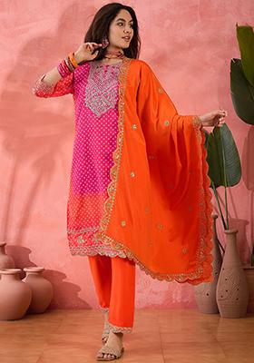 Pink And Orange Embroidered Silk Salwar Kameez