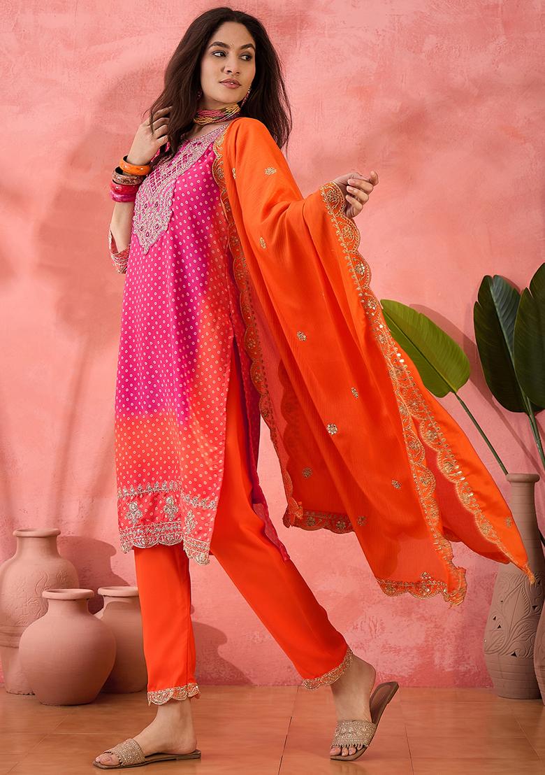 Pink And Orange Embroidered Silk Salwar Kameez