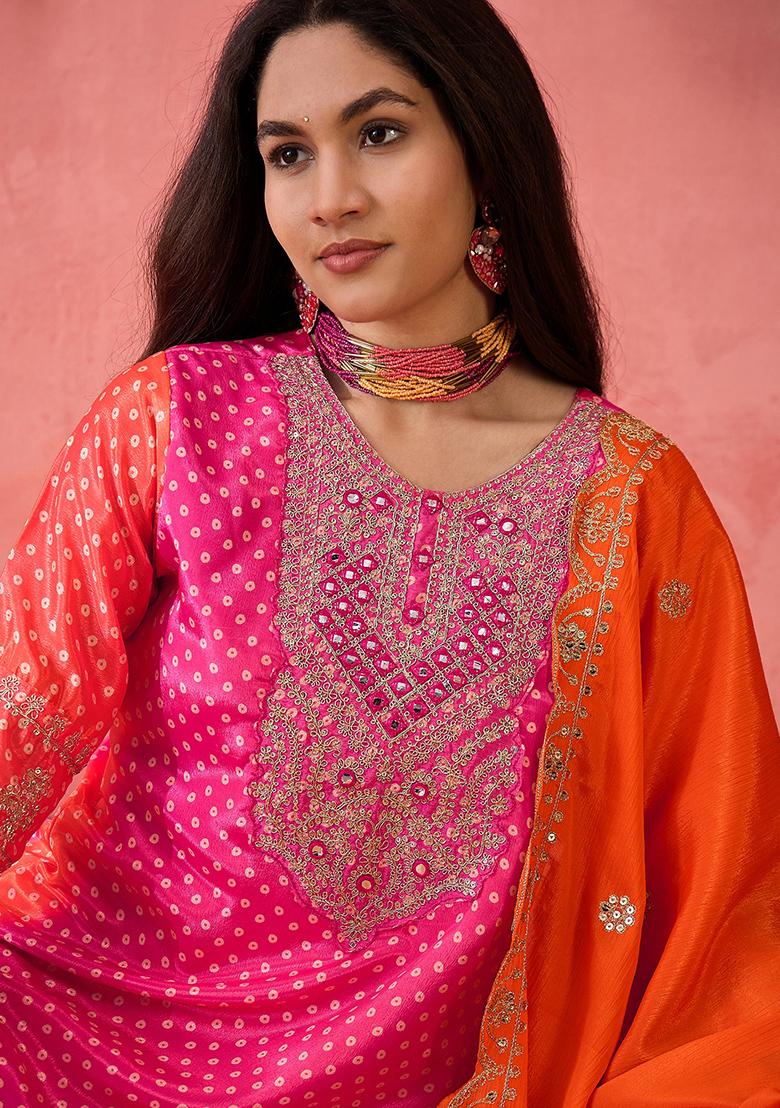Pink And Orange Embroidered Silk Salwar Kameez