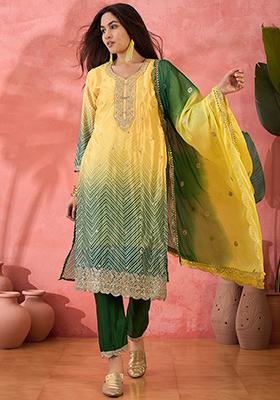 Yellow And Green Embroidered Silk Salwar Kameez