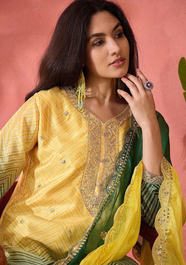 Yellow And Green Embroidered Silk Salwar Kameez