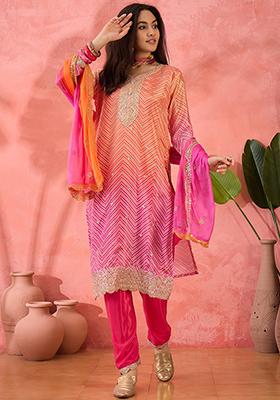 Orange And Pink Embroidered Silk Salwar Kameez