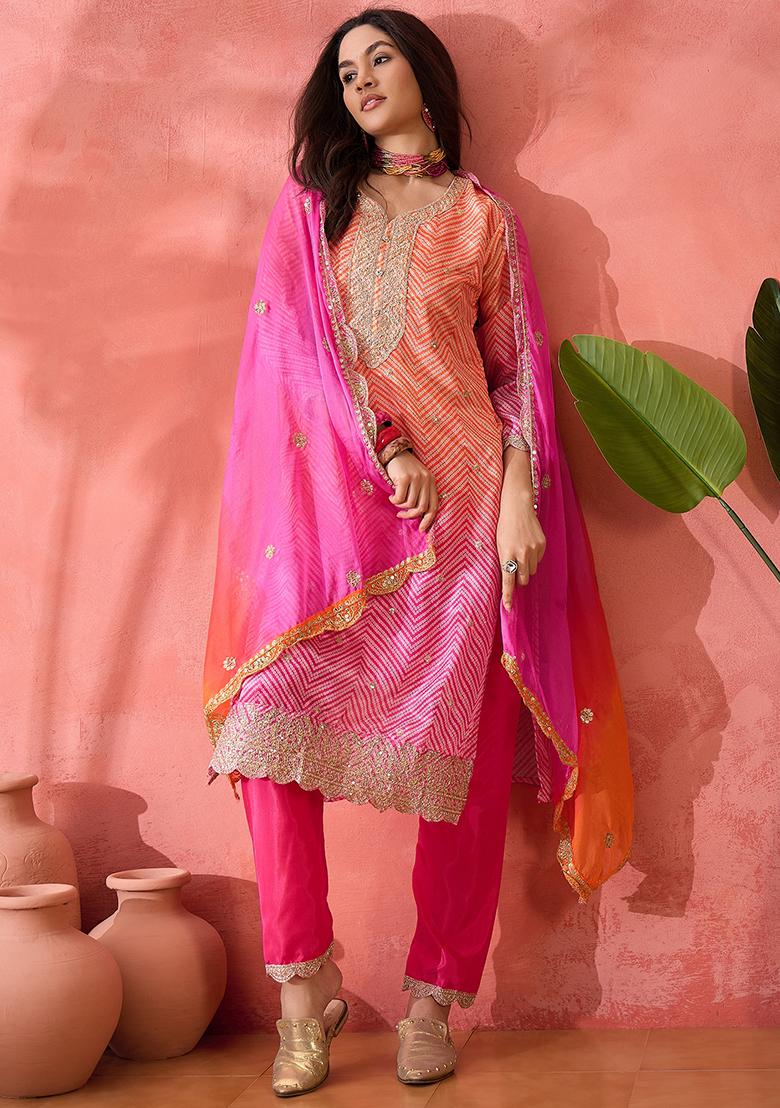 Orange And Pink Embroidered Silk Salwar Kameez