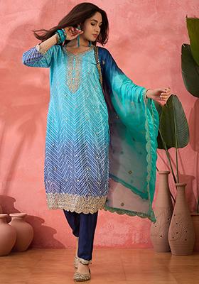 Sky Blue Embroidered Silk Salwar Kameez