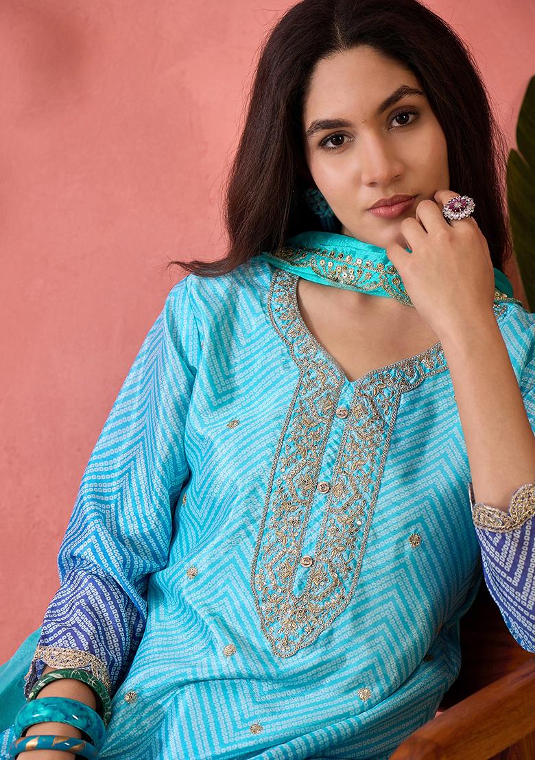Sky Blue Embroidered Silk Salwar Kameez