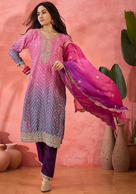 Pink And Purple Embroidered Silk Salwar Kameez