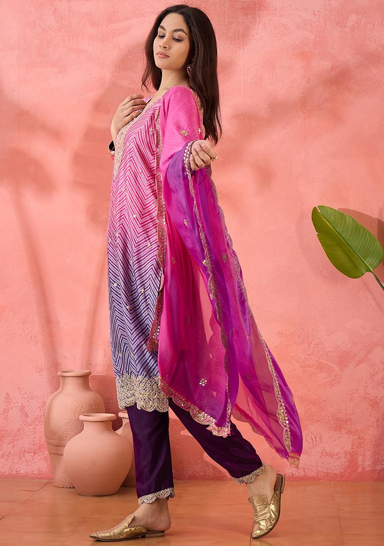 Pink And Purple Embroidered Silk Salwar Kameez