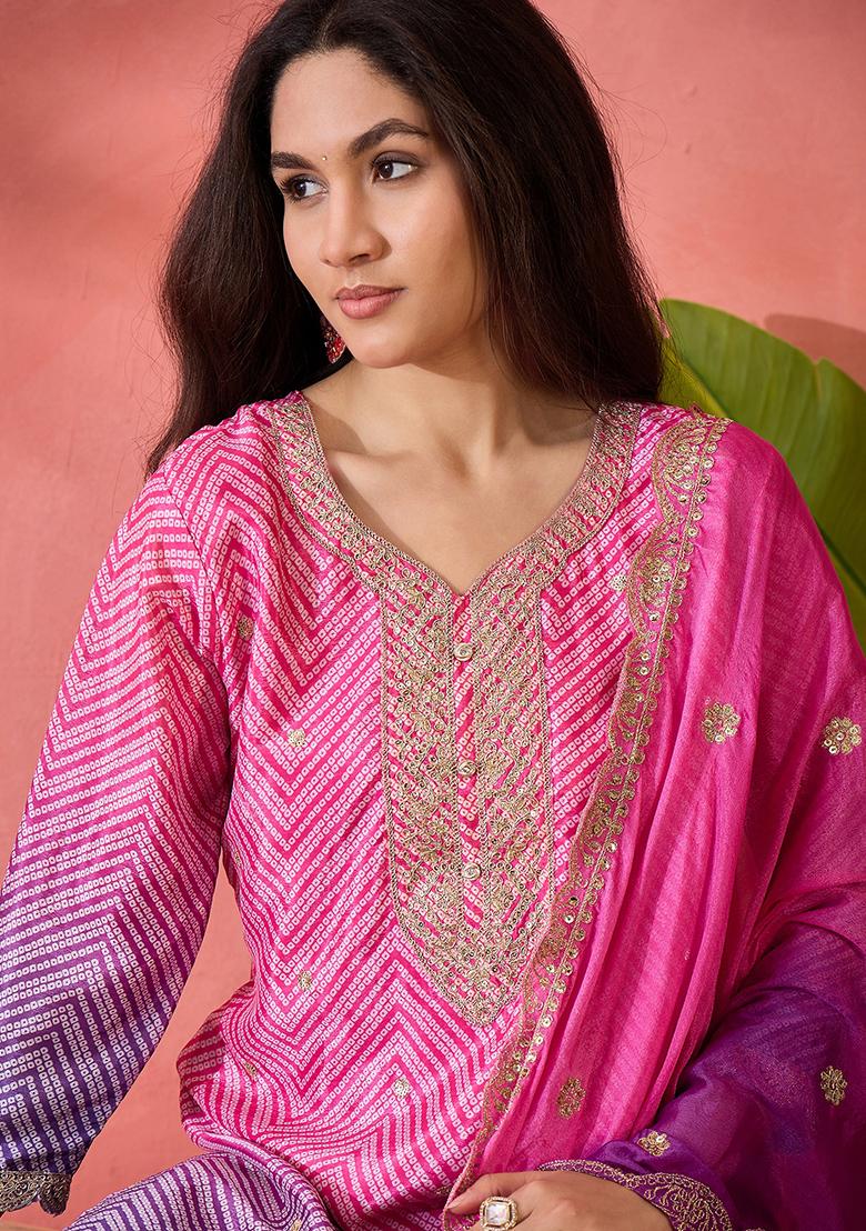 Pink And Purple Embroidered Silk Salwar Kameez