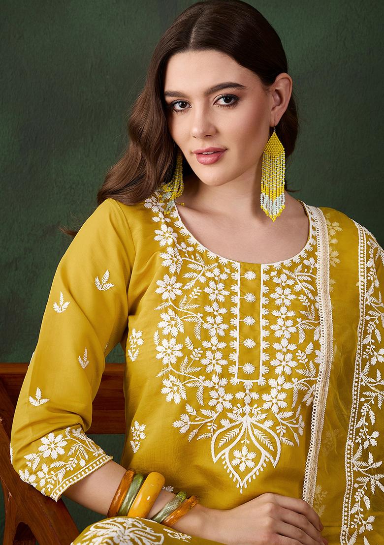Mustard Yellow Embroidered Silk Salwar Kameez