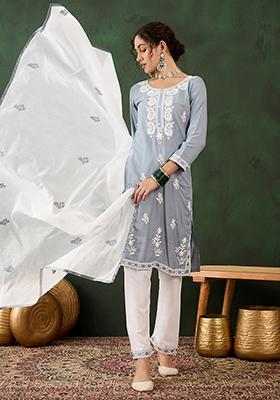 Grey Embroidered Silk Salwar Kameez
