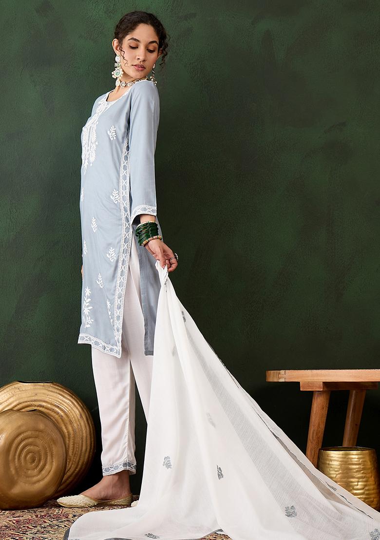 Grey Embroidered Silk Salwar Kameez