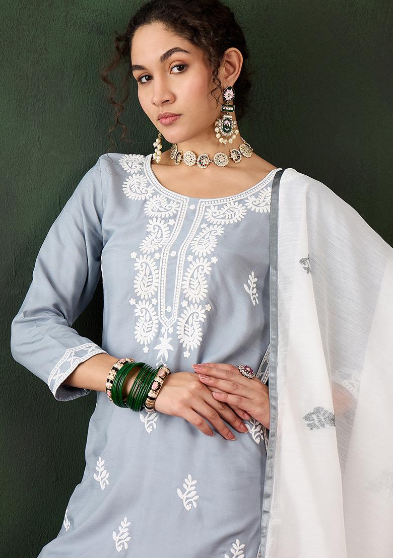 Grey Embroidered Silk Salwar Kameez