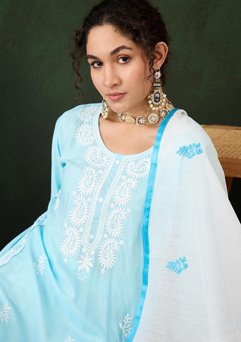 Sky Blue Embroidered Silk Salwar Kameez