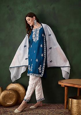 Teal Blue Embroidered Silk Salwar Kameez